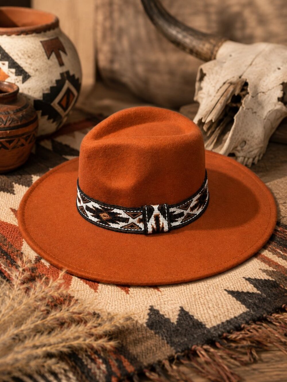 Rust Southwestern Western Felt Fedora Hat Aztec Pattern Band Boho Autumn OSFM - Picture 2 of 6